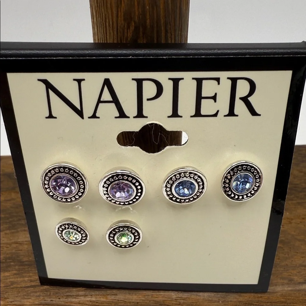NWT Napier Silver Tone Round Stud Earrings with Colorful Simulated Crystals - Picture 1 of 3